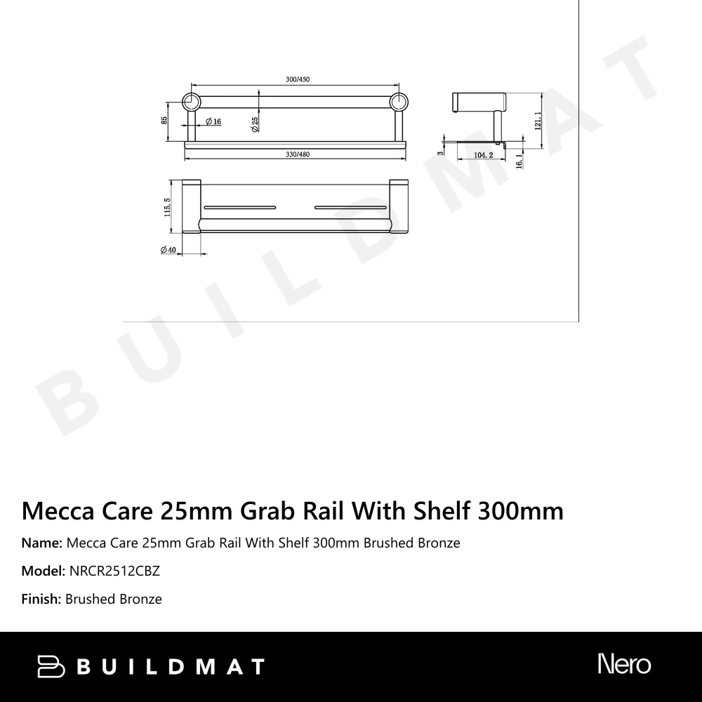 Nero Mecca Care 25mm Grab Rail With Shelf 300mm Brushed Bronze - Image 4