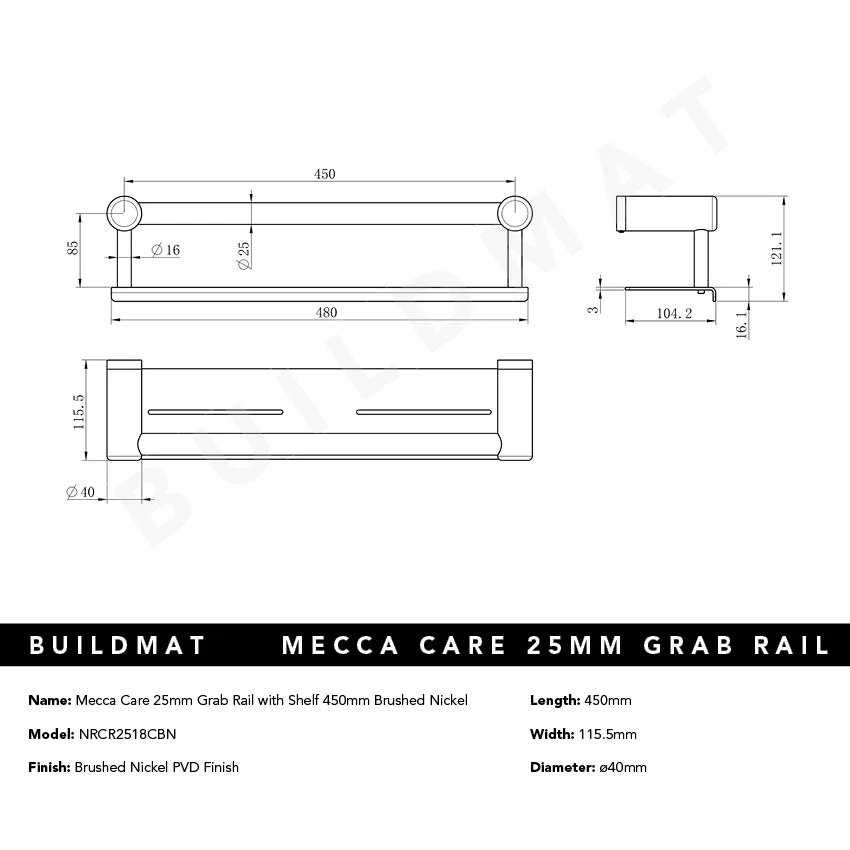 Nero Mecca Care 25mm Grab Rail with Shelf 450mm Brushed Nickel - Image 4
