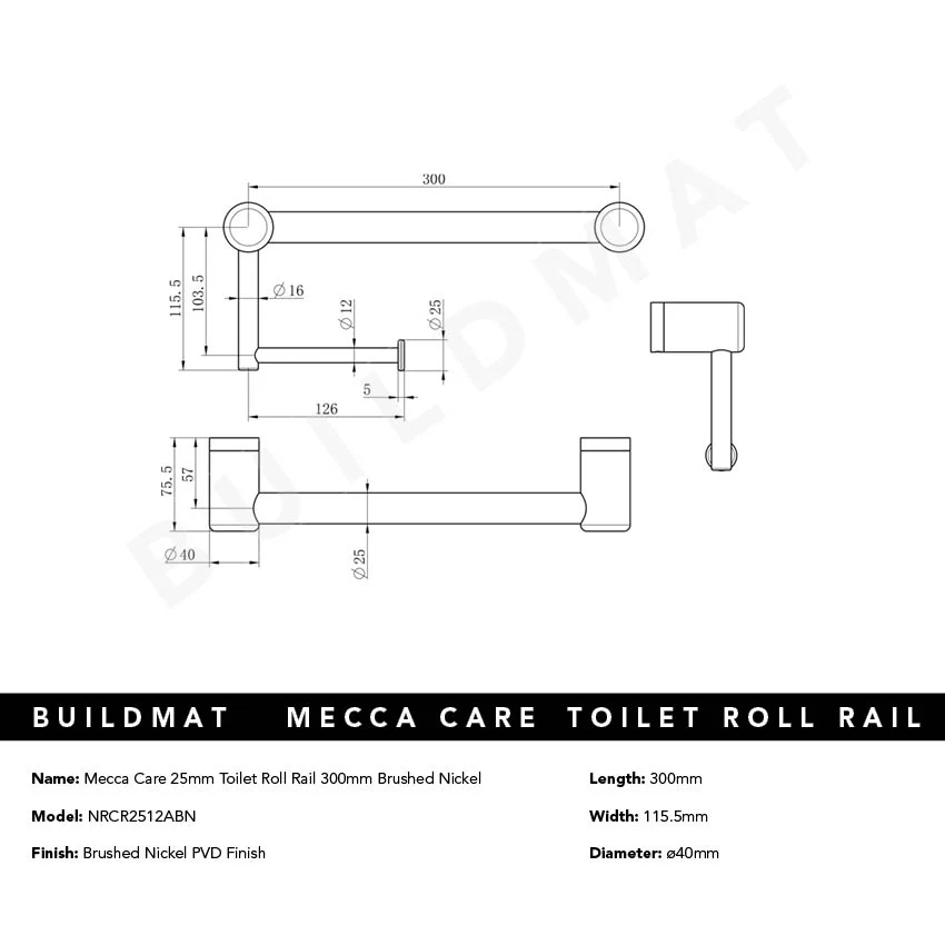 Nero Mecca Care 25mm Toilet Roll Rail 300mm Brushed Nickel - Image 4