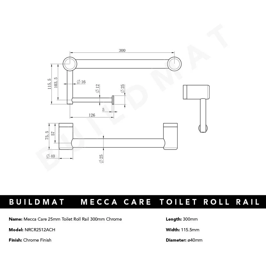 Nero Mecca Care 25mm Toilet Roll Rail 300mm Chrome - Image 4