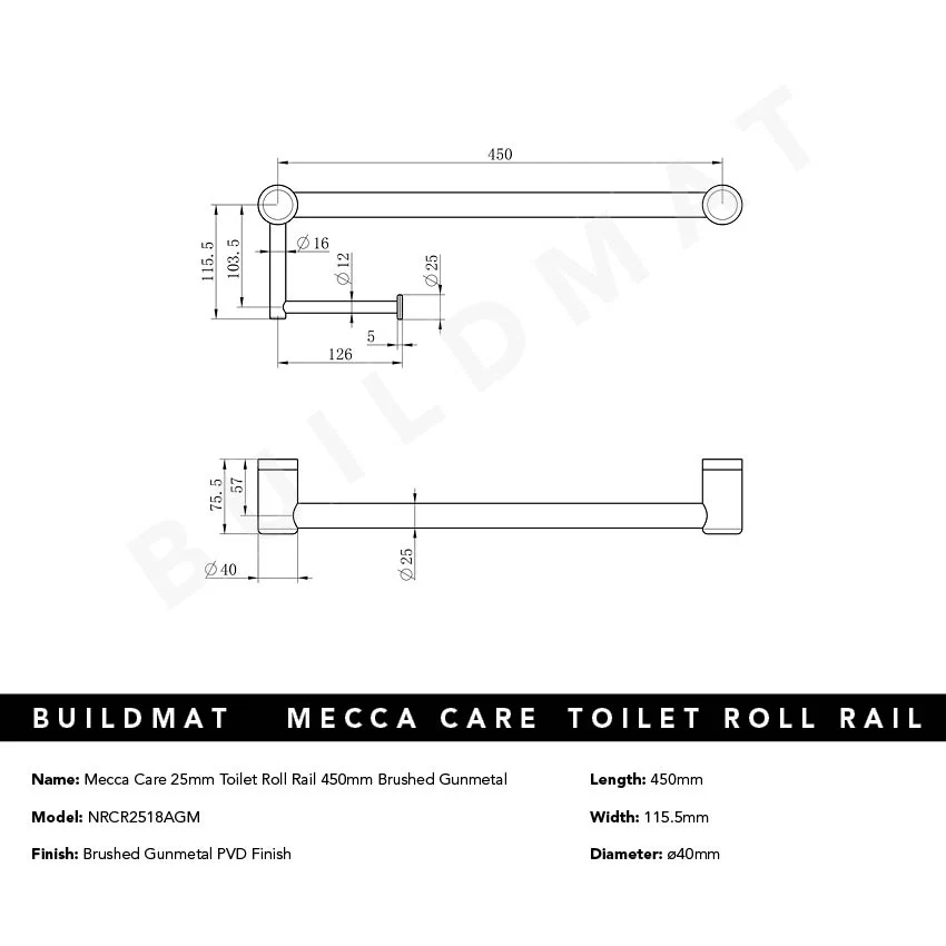 Nero Mecca Care 25mm Toilet Roll Rail 450mm Brushed Gunmetal - Image 4