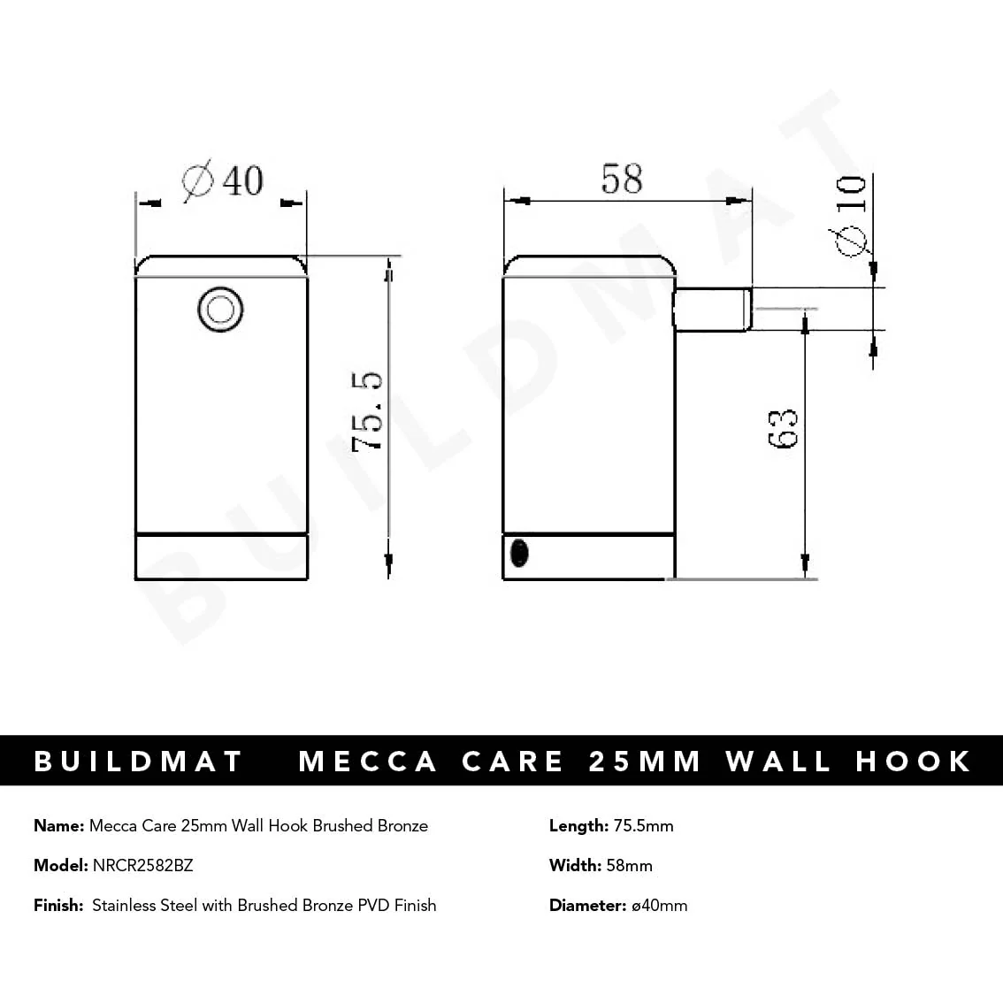 Nero Mecca Care 25mm Wall Hook Brushed Bronze - Image 4
