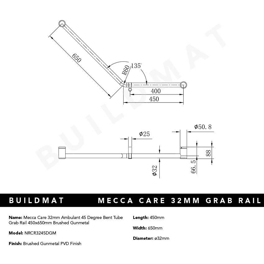 Nero Mecca Care 32mm Ambulant 45 Degree Bent Tube Grab Rail 450x650mm Brushed Gunmetal - Image 3