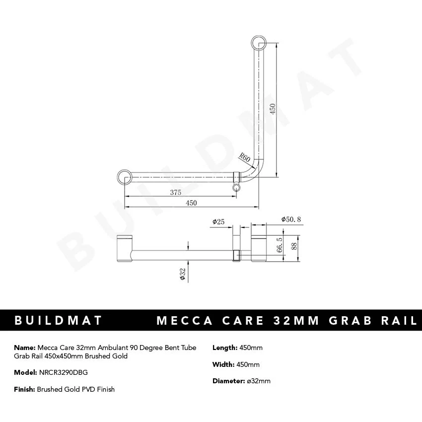 Nero Mecca Care 32mm Ambulant 90 Degree Bent Tube Grab Rail 450x450mm Brushed Gold - Image 4
