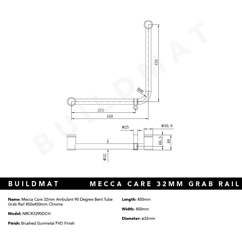 Nero Mecca Care 32mm Ambulant 90 Degree Bent Tube Grab Rail 450x450mm Chrome - Image 4