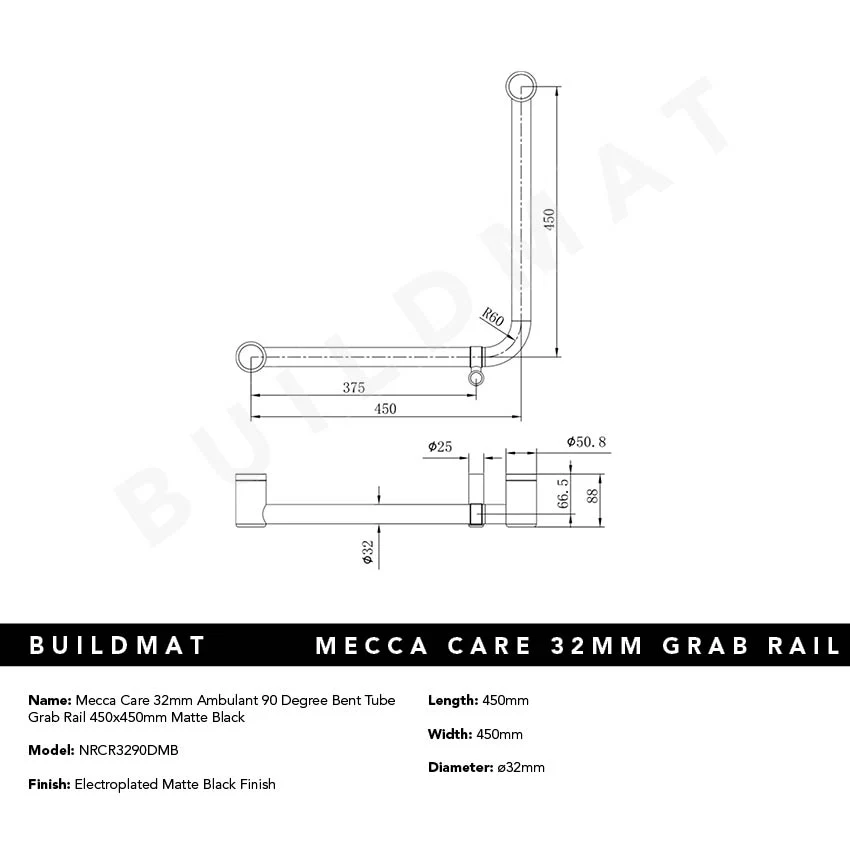 Nero Mecca Care 32mm Ambulant 90 Degree Bent Tube Grab Rail 450x450mm Matte Black - Image 4