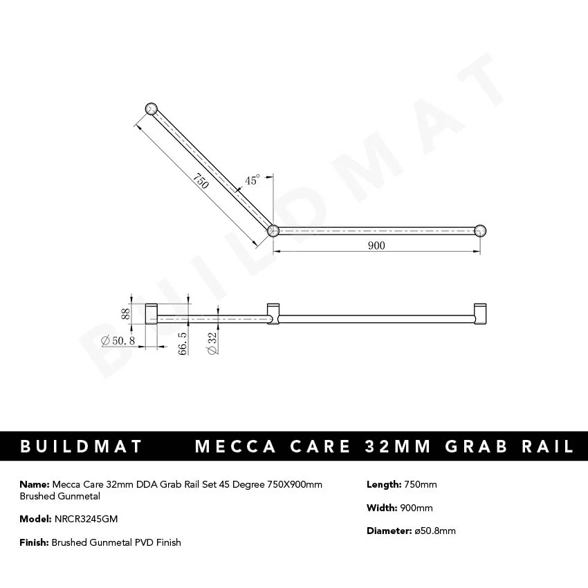 Nero Mecca Care 32mm DDA Grab Rail Set 45 Degree 750x900mm Brushed Gunmetal - Image 4