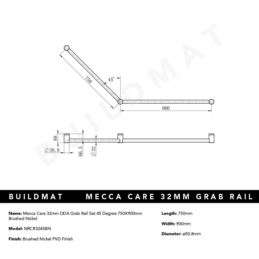 Nero Mecca Care 32mm DDA Grab Rail Set 45 Degree 750x900mm Brushed Nickel - Image 4