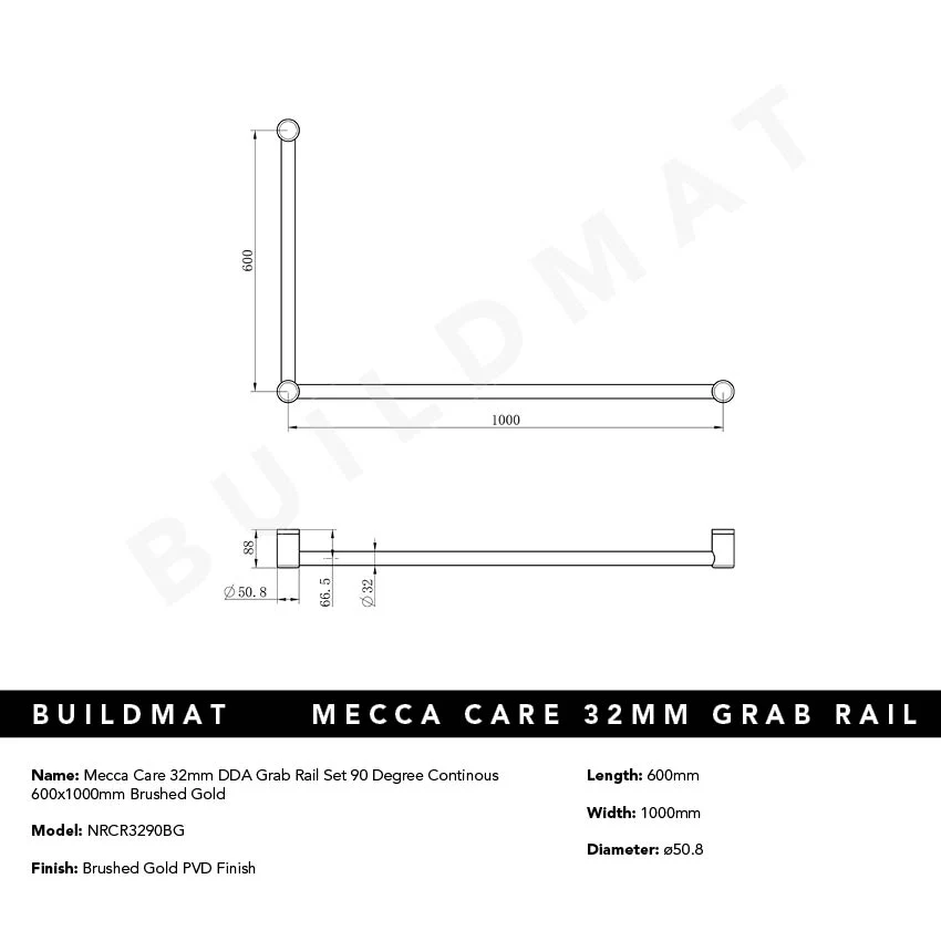 Nero Mecca Care 32mm DDA Grab Rail Set 90 Degree 600x1000mm Brushed Gold - Image 4