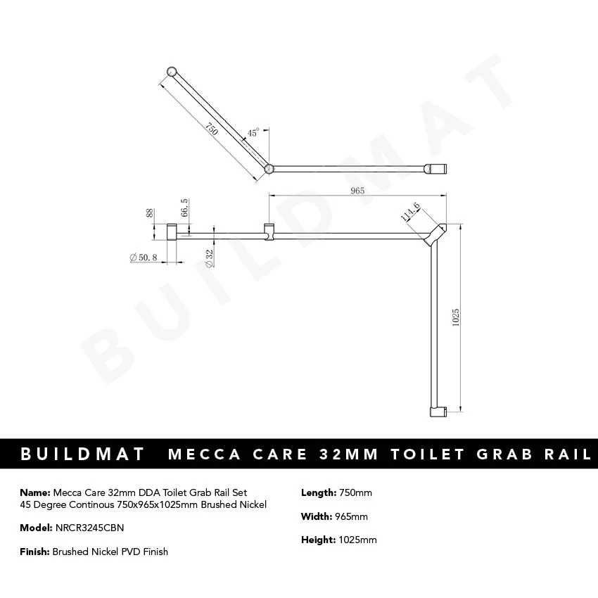 Nero Mecca Care 32mm DDA Toilet Grab Rail Set 45 Degree Continuous 750x965x1025mm Brushed Nickel - Image 4