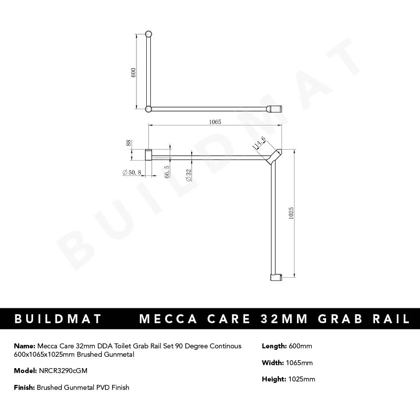 Nero Mecca Care 32mm DDA Toilet Grab Rail Set 90 Degree Continuous 600x1065x1025mm Brushed Gunmetal - Image 4