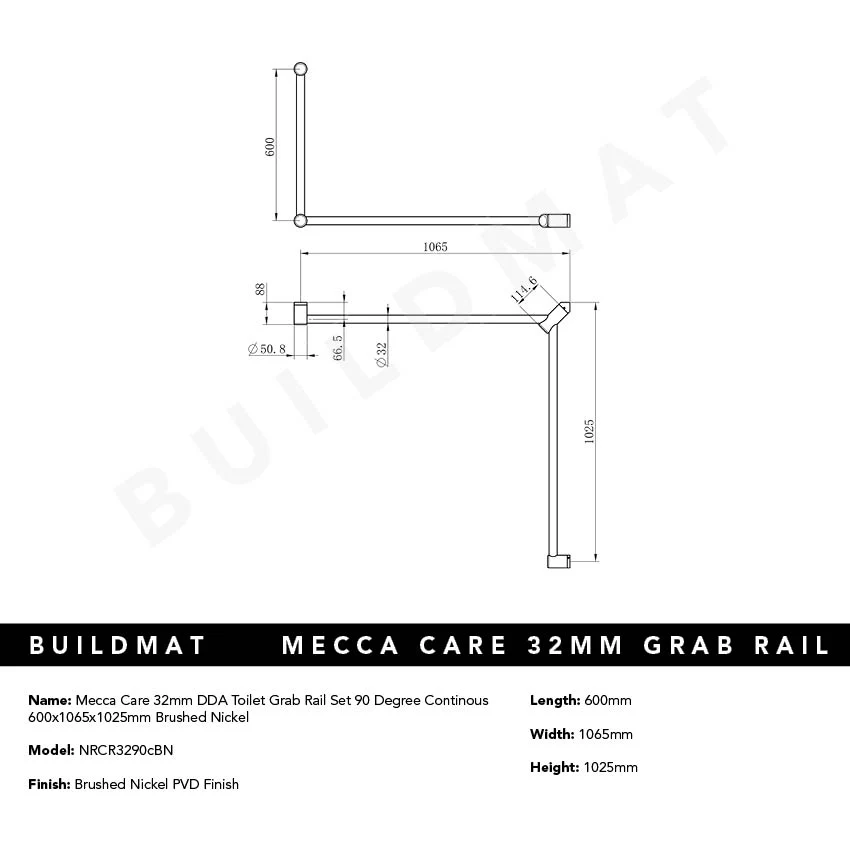 Nero Mecca Care 32mm DDA Toilet Grab Rail Set 90 Degree Continuous 600x1065x1025mm Brushed Nickel - Image 4
