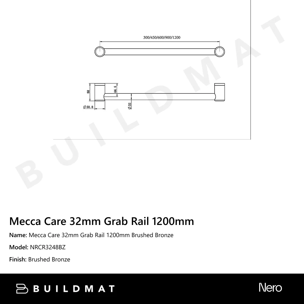 Nero Mecca Care 32mm Grab Rail 1200mm Brushed Bronze - Image 4
