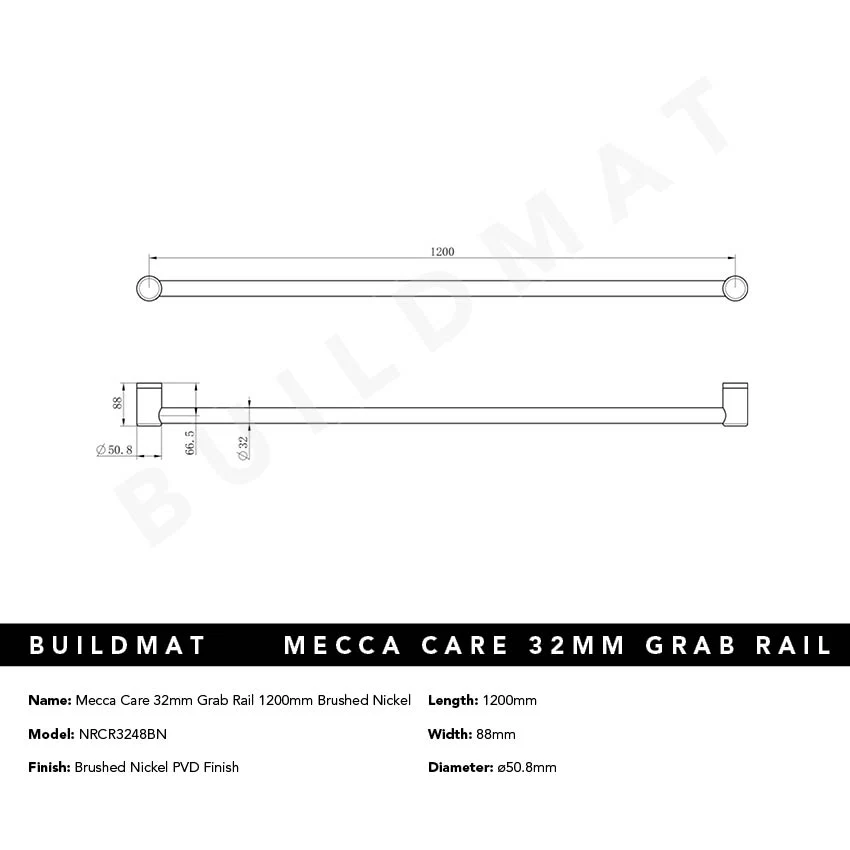 Nero Mecca Care 32mm Grab Rail 1200mm Brushed Nickel - Image 4