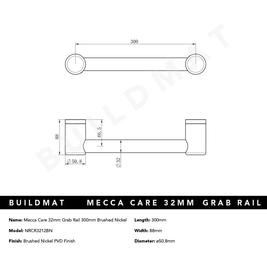 Nero Mecca Care 32mm Grab Rail 300mm Brushed Nickel - Image 4