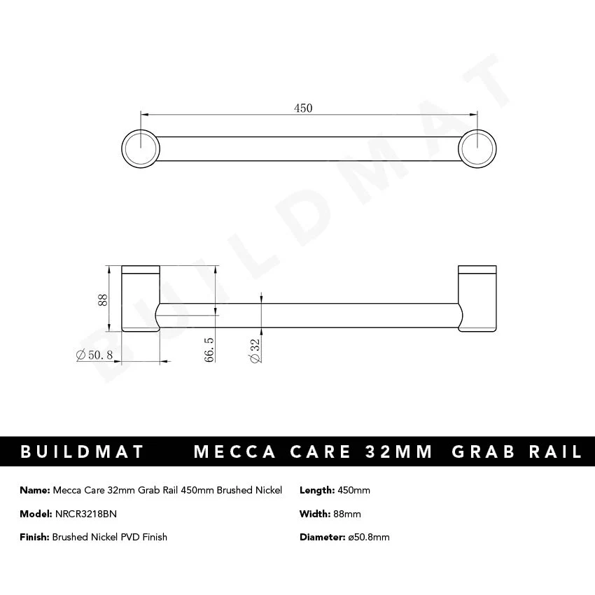Nero Mecca Care 32mm Grab Rail 450mm Brushed Nickel - Image 4