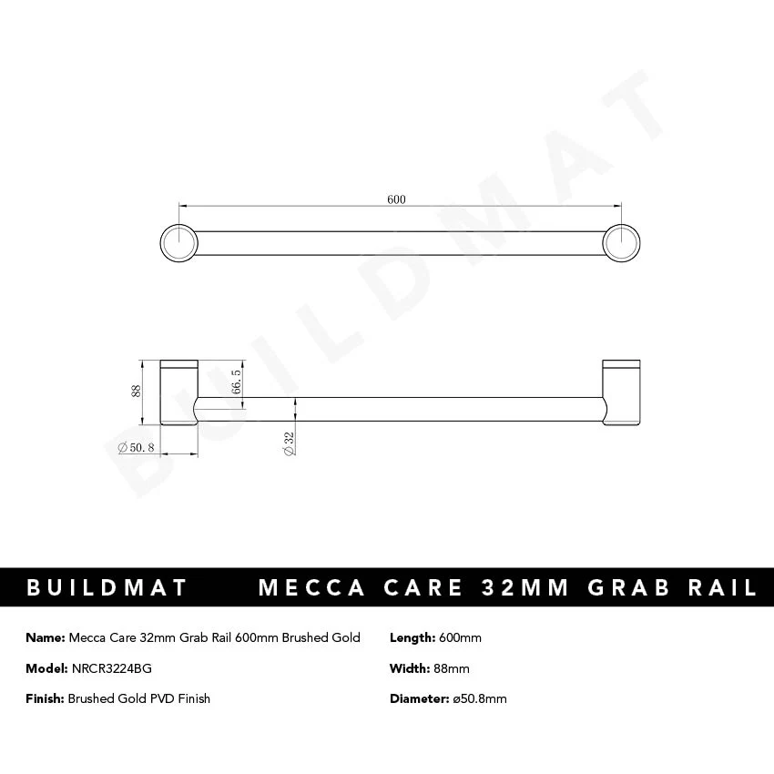 Nero Mecca Care 32mm Grab Rail 600mm Brushed Gold - Image 4