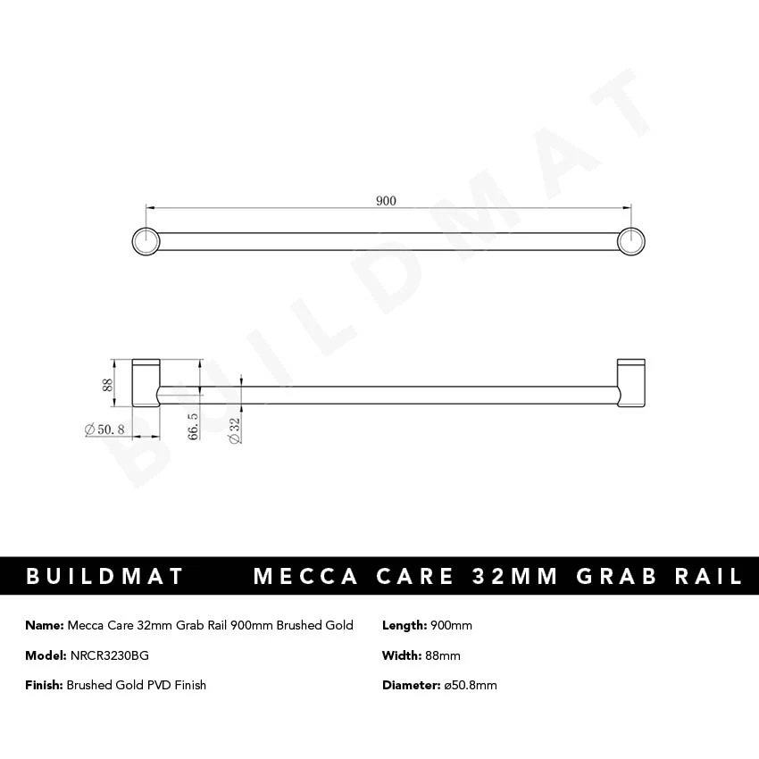 Nero Mecca Care 32mm Grab Rail 900mm Brushed Gold - Image 4