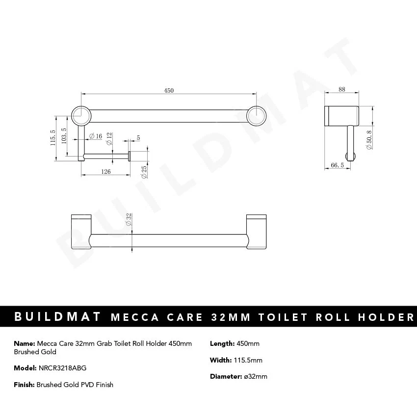 Nero Mecca Care 32mm Grab Rail Toilet Roll Holder 450mm Brushed Gold - Image 4