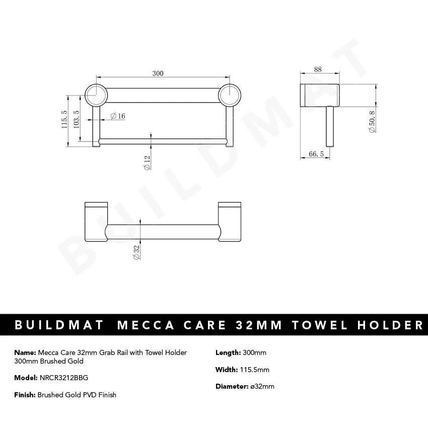 Nero Mecca Care 32mm Grab Rail with Towel Holder 300mm Brushed Gold - Image 4