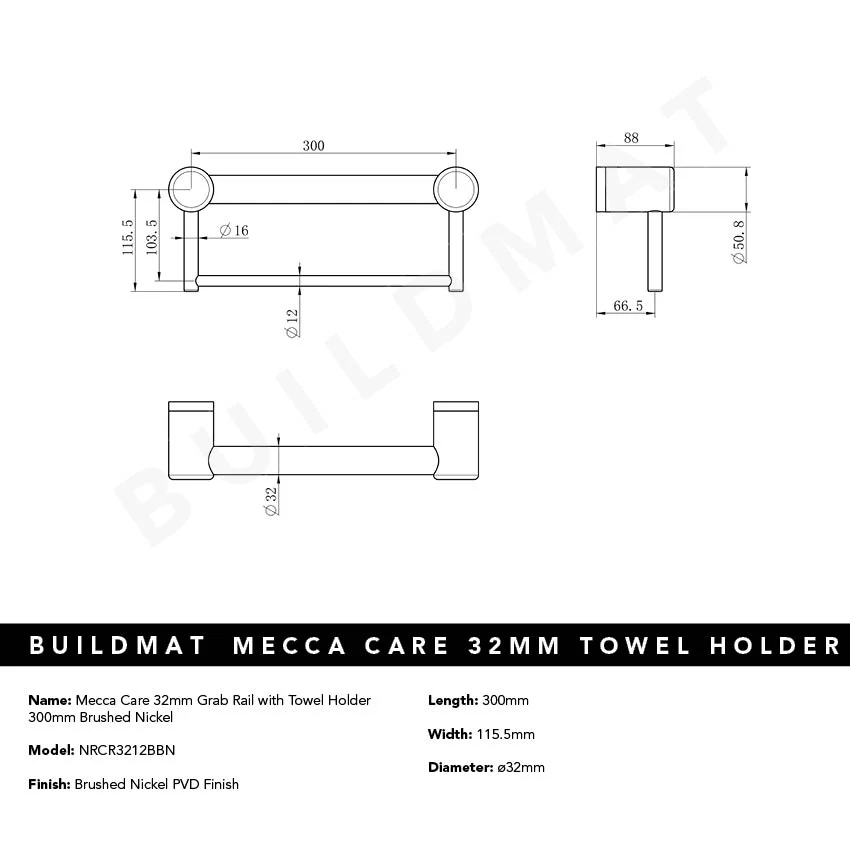 Nero Mecca Care 32mm Grab Rail with Towel Holder 300mm Brushed Nickel - Image 4