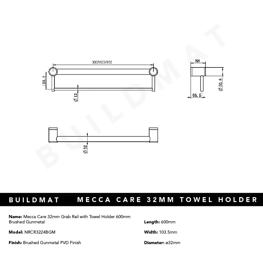 Nero Mecca Care 32mm Grab Rail with Towel Holder 600mm Brushed Gunmetal - Image 4