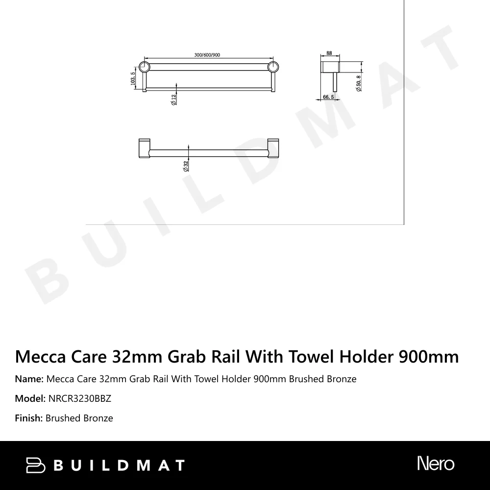 Nero Mecca Care 32mm Grab Rail With Towel Holder 900mm Brushed Bronze - Image 4