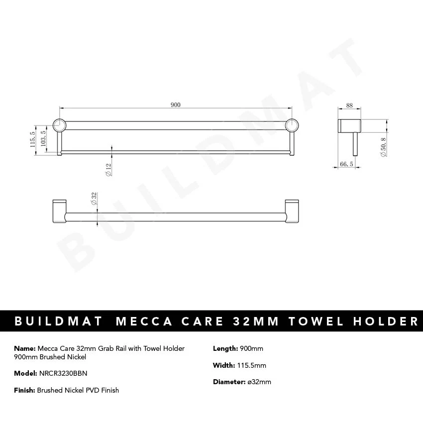 Nero Mecca Care 32mm Grab Rail with Towel Holder 900mm Brushed Nickel - Image 4