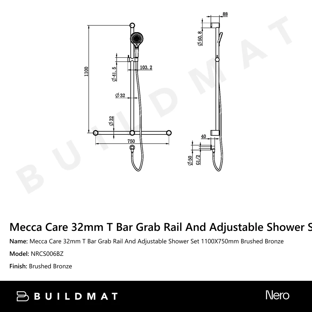 Nero Mecca Care 32mm T Bar Grab Rail And Adjustable Shower Set 1100X750mm Brushed Bronze - Image 4