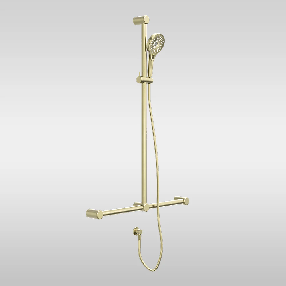 Nero Mecca Care 32mm T Bar Grab Rail and Adjustable Shower Set 1100x750mm Brushed Gold - Image 2