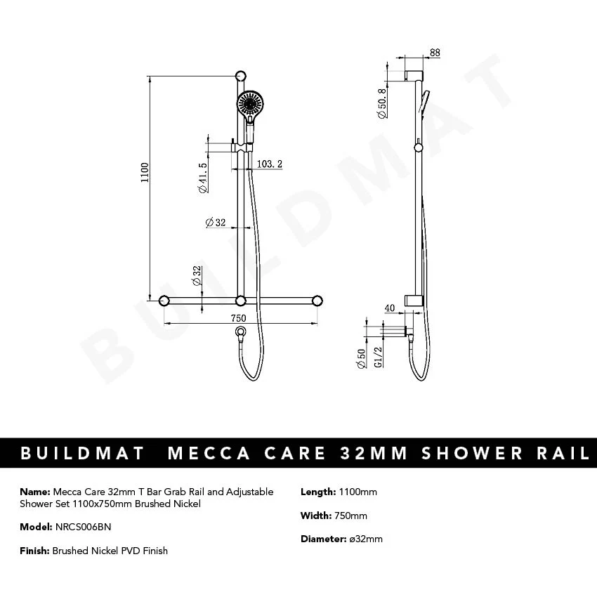 Nero Mecca Care 32mm T Bar Grab Rail and Adjustable Shower Set 1100x750mm Brushed Nickel - Image 4
