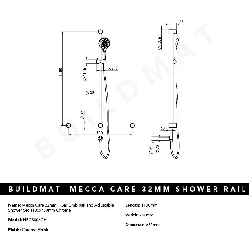 Nero Mecca Care 32mm T Bar Grab Rail and Adjustable Shower Set 1100x750mm Chrome - Image 4