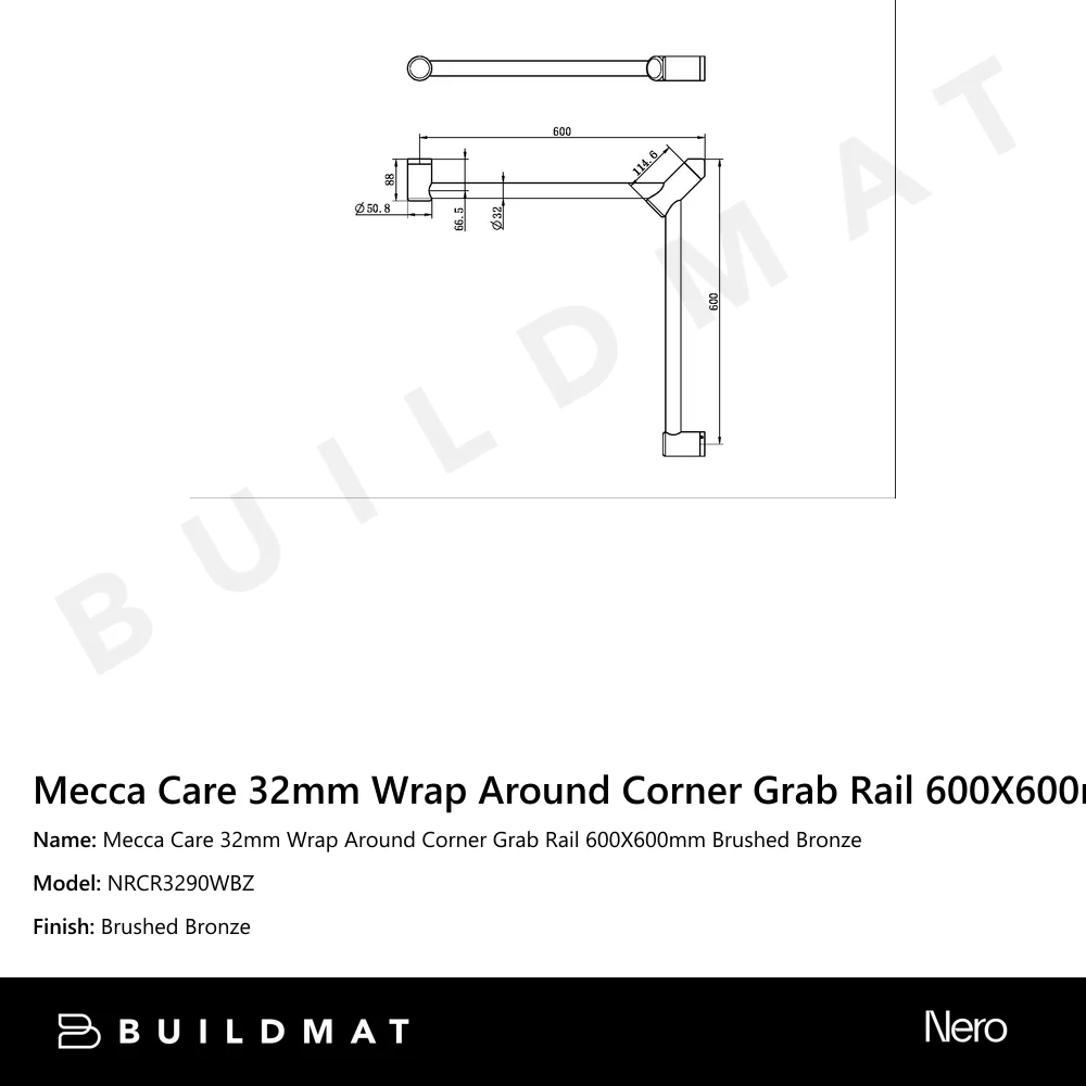 Nero Mecca Care 32mm Wrap Around Corner Grab Rail 600X600mm Brushed Bronze - Image 4