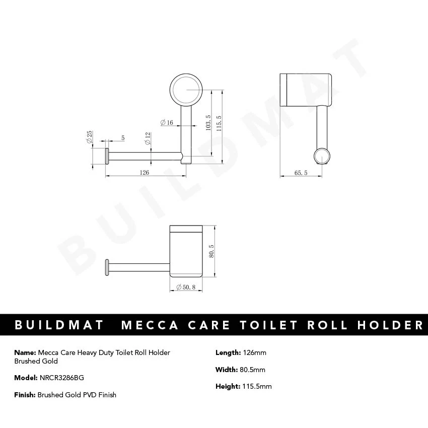 Nero Mecca Care Heavy Duty Toilet Roll Holder Brushed Gold - Image 4
