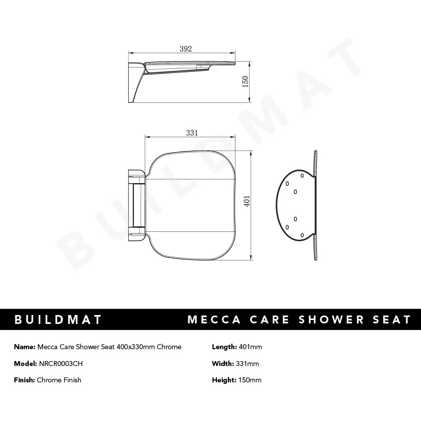 Nero Mecca Care Shower Seat 400x330mm Chrome - Image 4