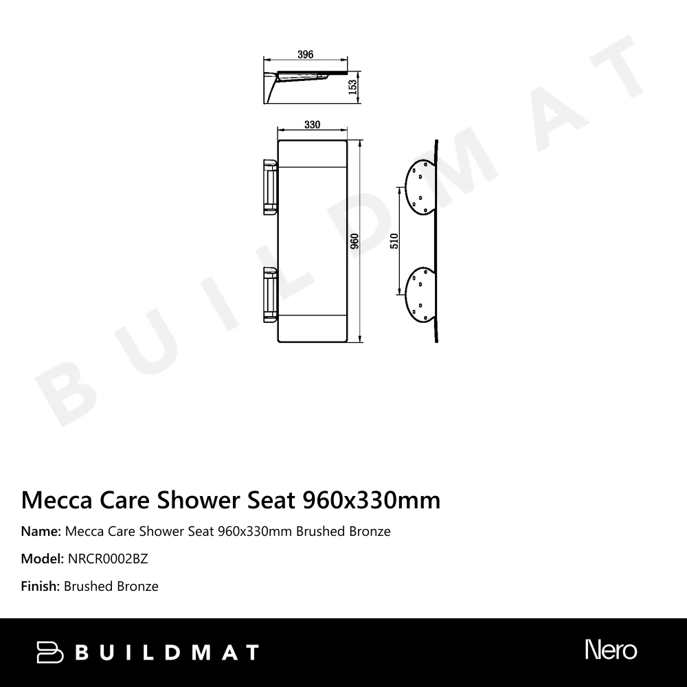 Nero Mecca Care Shower Seat 960x330mm Brushed Bronze - Image 4