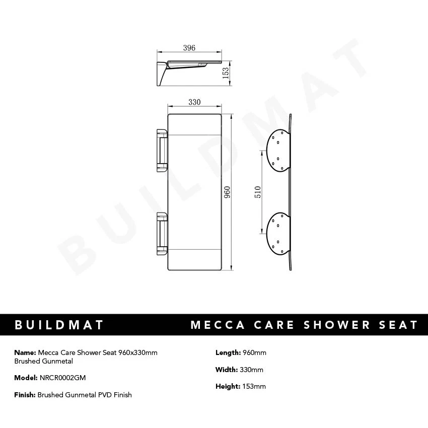Nero Mecca Care Shower Seat 960x330mm Brushed Gunmetal - Image 4