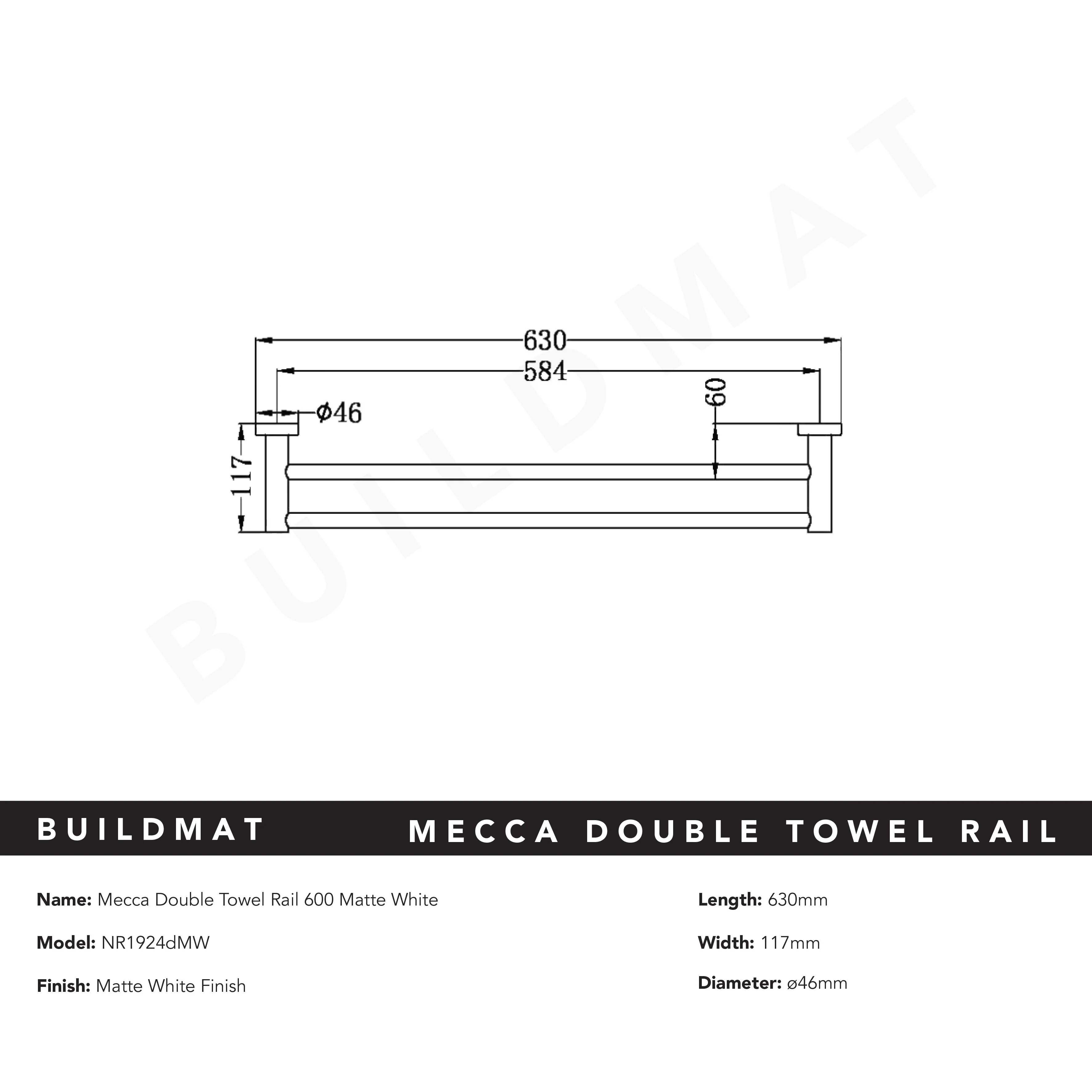 Nero Mecca Double Towel Rail 600mm Matte White - Image 5