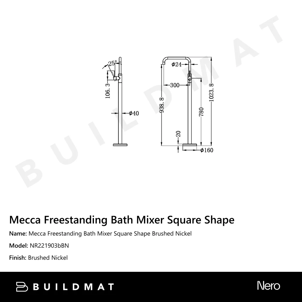 Nero Mecca Freestanding Bath Mixer Square Shape Brushed Nickel - Image 4