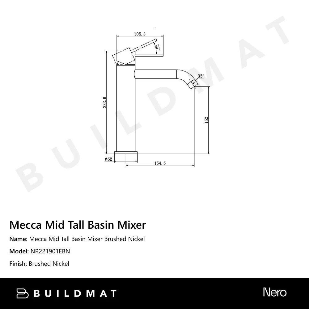 Nero Mecca Mid Tall Basin Mixer Brushed Nickel - Image 4