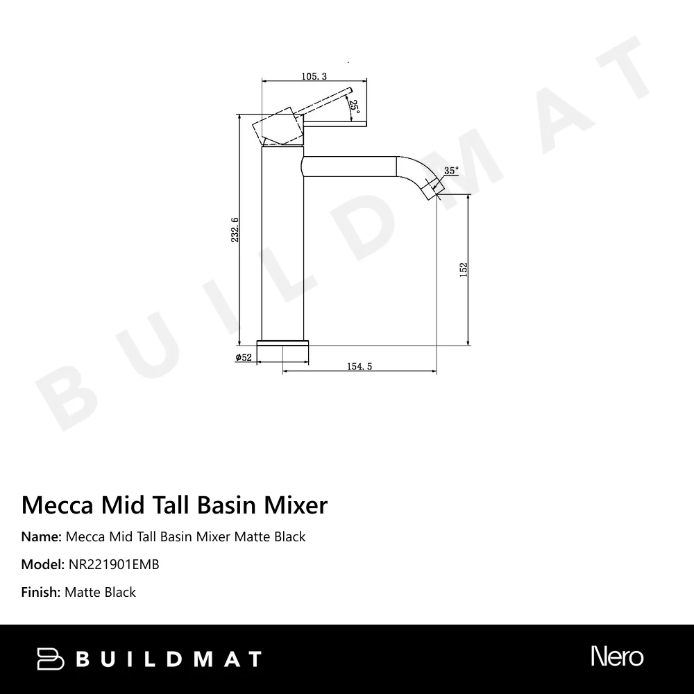Nero Mecca Mid Tall Basin Mixer Matte Black - Image 4