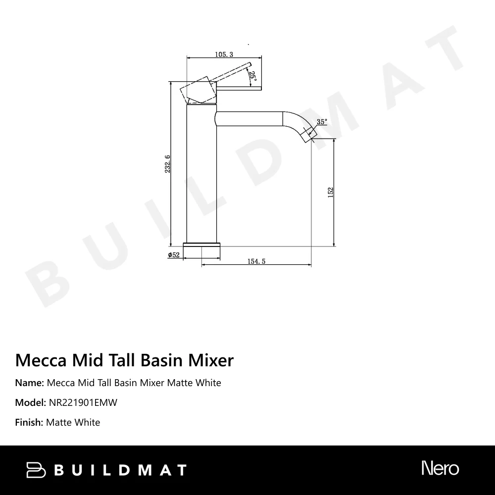 Nero Mecca Mid Tall Basin Mixer Matte White - Image 4