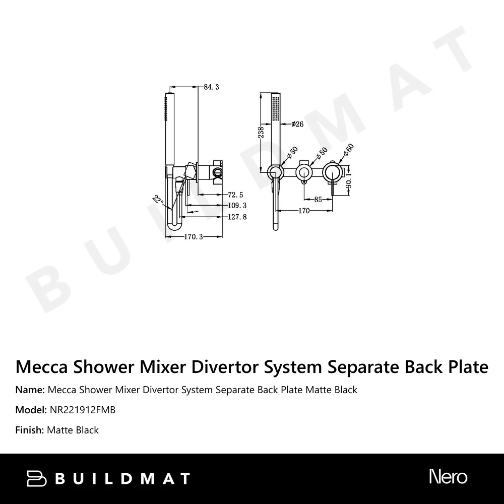 Nero Mecca Shower Mixer Divertor System Separate Back Plate Matte Black - Image 4