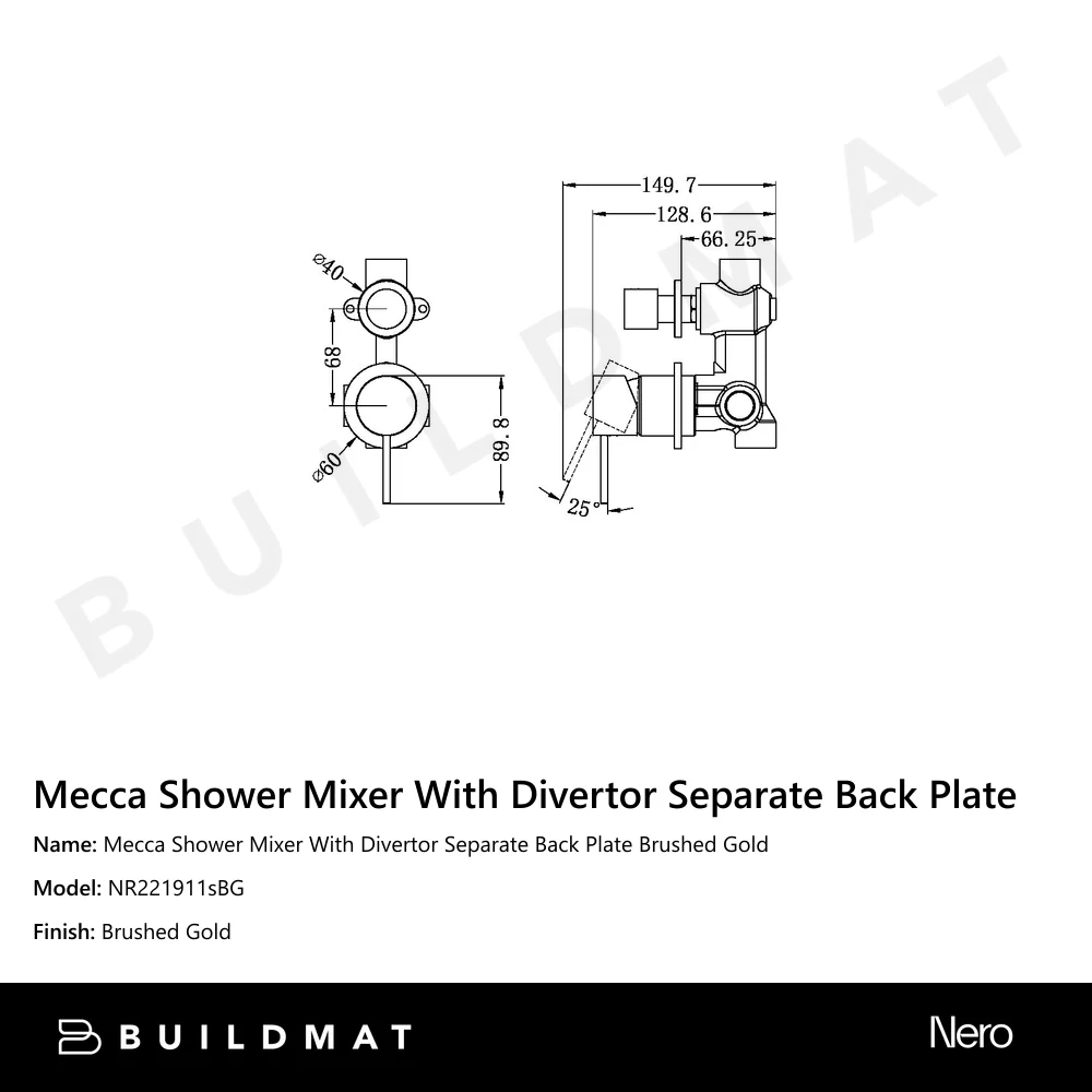 Nero Mecca Shower Mixer With Divertor Separate Back Plate Brushed Gold - Image 4