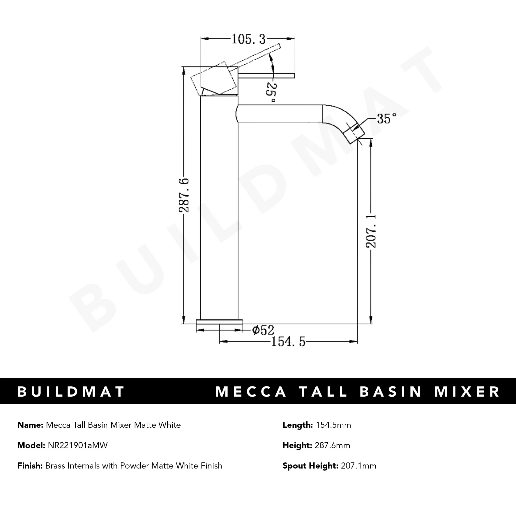Nero Mecca Tall Basin Mixer Matte White - Image 5