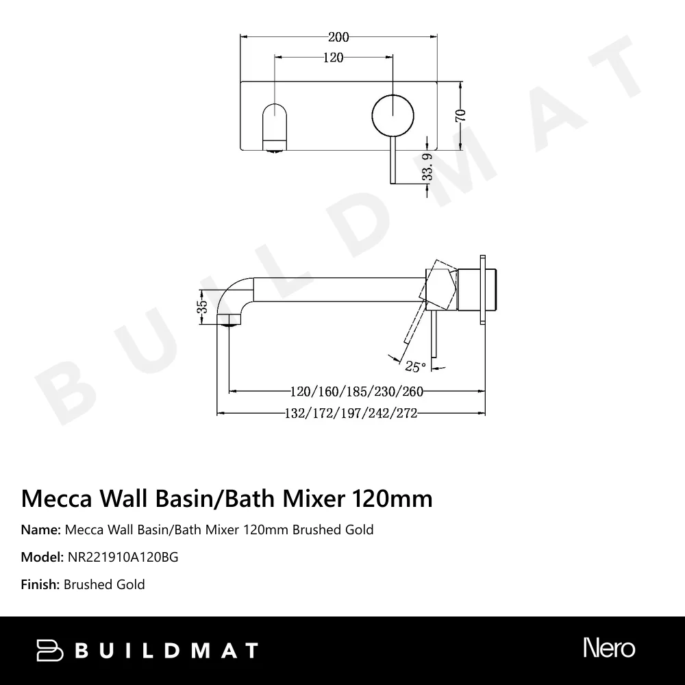 Nero Mecca Wall Basin/Bath Mixer 120mm Brushed Gold - Image 4