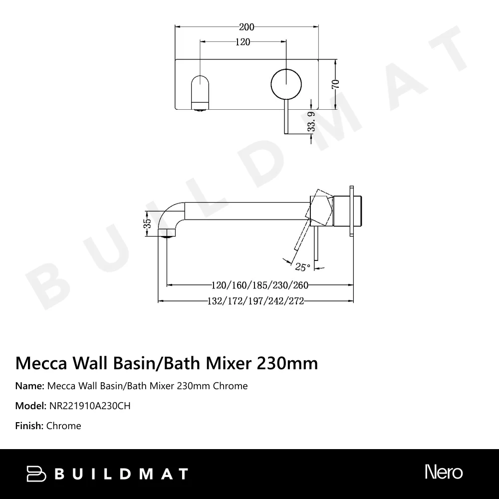 Nero Mecca Wall Basin/Bath Mixer 230mm Chrome - Image 4
