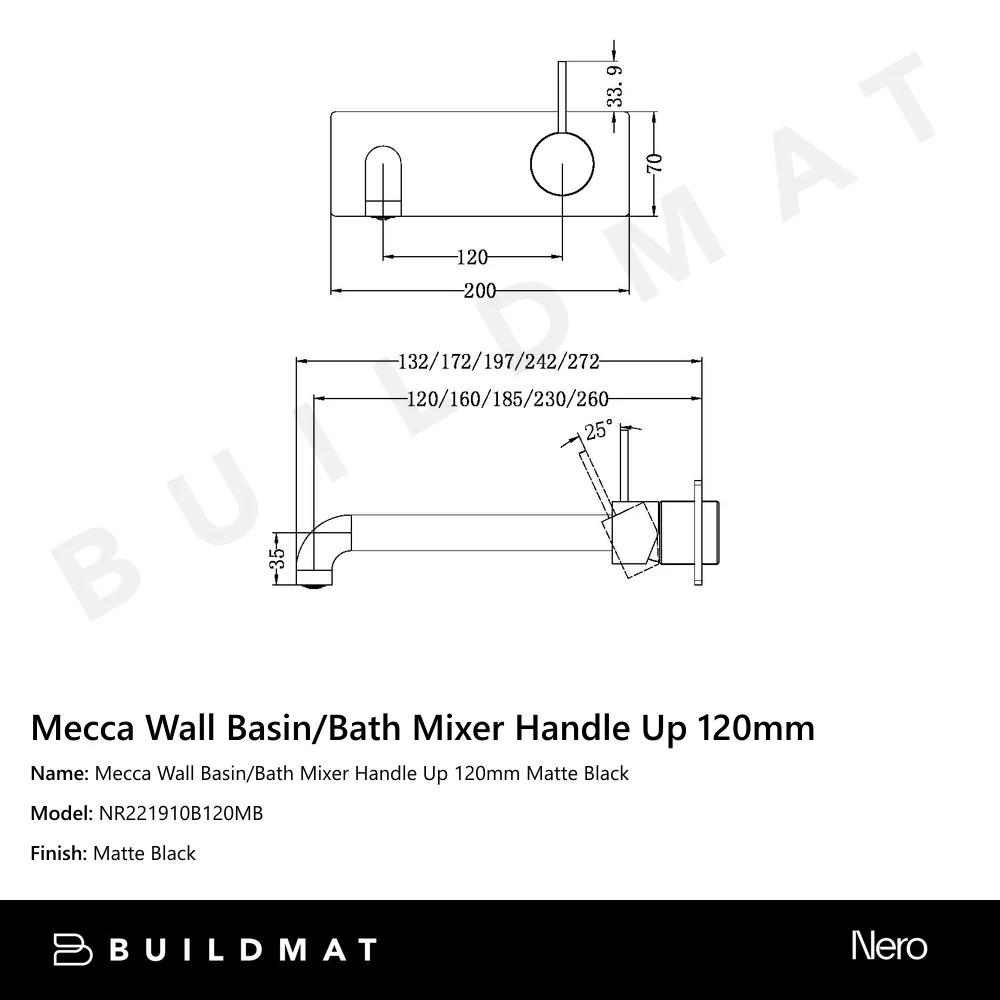 Nero Mecca Wall Basin/Bath Mixer Handle Up 120mm Matte Black - Image 4