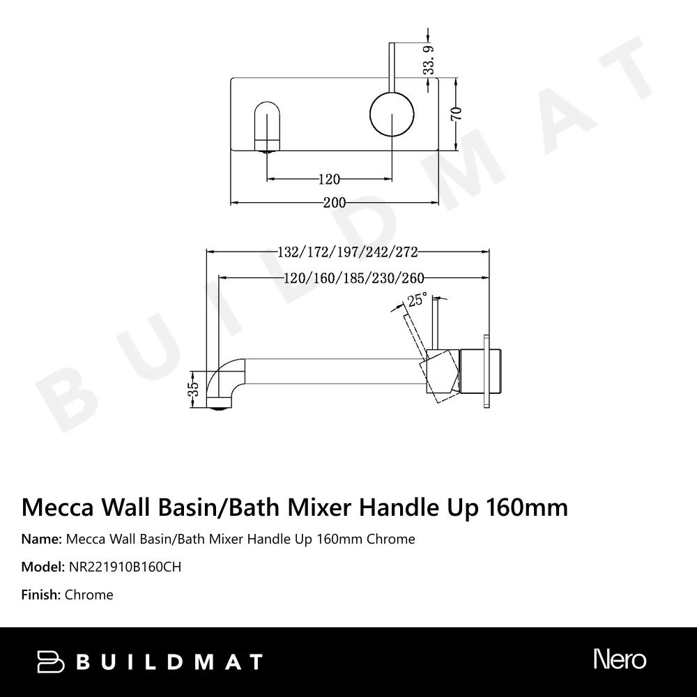 Nero Mecca Wall Basin/Bath Mixer Handle Up 160mm Chrome - Image 4