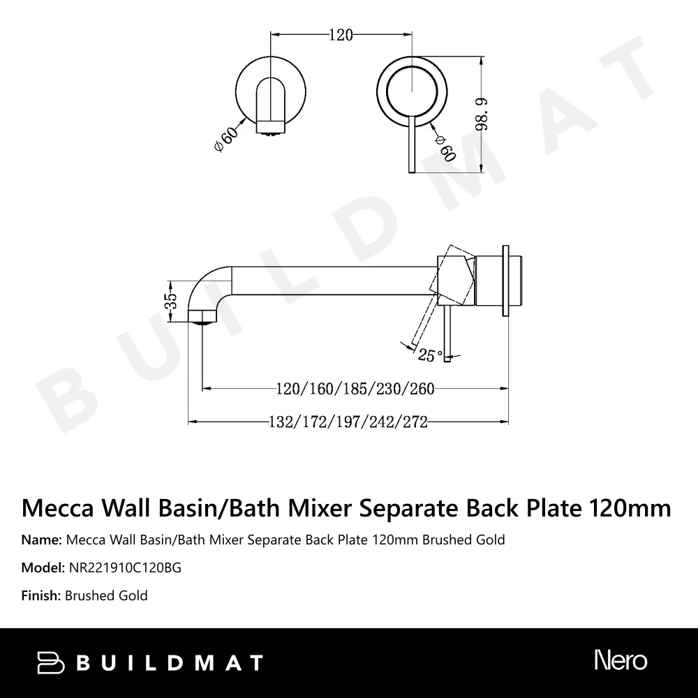Nero Mecca Wall Basin/Bath Mixer Separate Back Plate 120mm Brushed Gold - Image 4